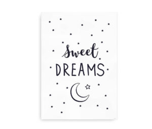 Plakat med teksten "Sweet Dreams" omgivet af små stjerner og en måne med stjerne.