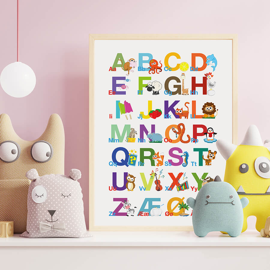ABC plakater til børn med det danske alfabet