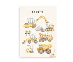 Akvarelillustration af byggepladsmaskiner, herunder gravemaskine, betonblander og dumptruck.