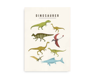Plakat med otte forskellige dinosaurillustrationer arrangeret i to rækker under overskriften "Dinosaurer".