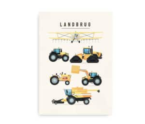 Illustration af landbrugsmaskiner, herunder traktor, mejetærsker og sprøjtefly.