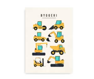 Illustration af forskellige gule byggemaskiner, herunder gravemaskine, kran og dumper.