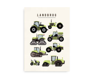 Plakat til børn med illustration af forskellige grønne landbrugsmaskiner, herunder traktorer og specialkøretøjer.