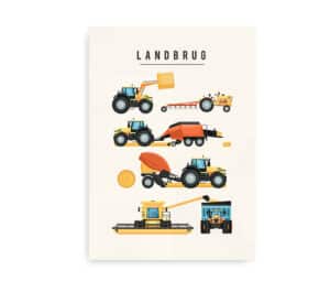 Plakat med illustration af landbrugsmaskiner, herunder traktor, ballepresser og mejetærsker.