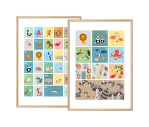 Plakatsæt med farverige illustrationer, der viser alfabetet med dyr og tal fra 1 til 10 med genstande og dyr.