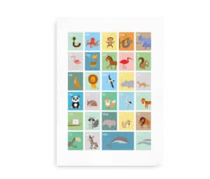 Plakat med alfabetisk oversigt over dyr, hvor hvert bogstav repræsenterer et dyr illustreret i farverige felter.