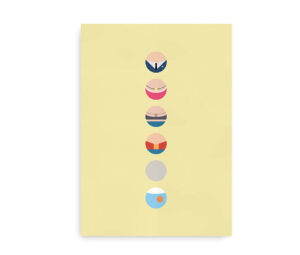 Minimalistisk plakat med stiliserede cirkler, der repræsenterer karakterer fra American Dad på gul baggrund.