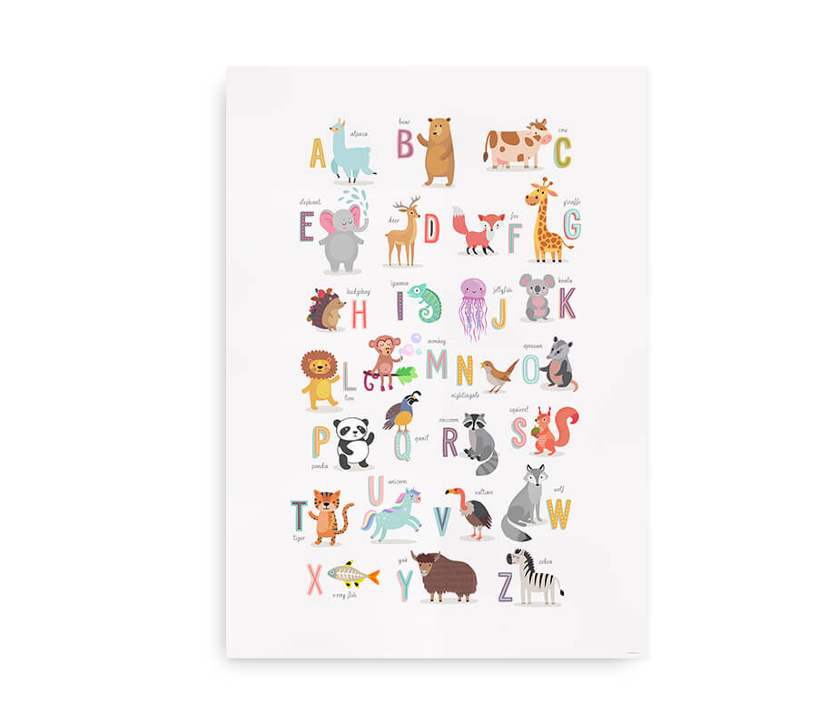 Engelsk ABC plakat - Med hyggelige tegninger af dyr