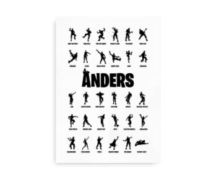 Navneplakat med Fortnite-danse og stort navn i midten på hvid baggrund.