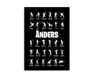 Navneplakat med Fortnite-danse og stort navn i midten på sort baggrund.