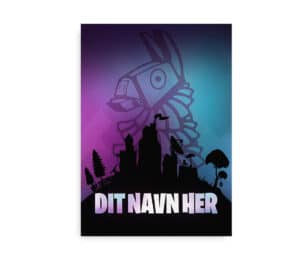 Navneplakat inspireret af Fortnite med silhouetlandskab og stor lama-illustration i baggrunden, hvor navnet kan tilpasses.