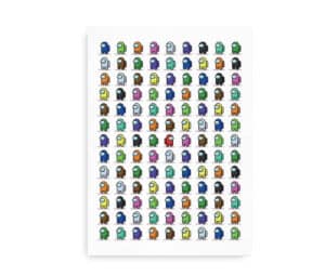 Plakat med mange små figurer fra Among Us i forskellige farver arrangeret på hvid baggrund.