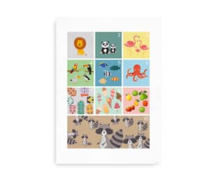 Plakat med tal fra 1 til 10 illustreret med dyr, frugter og genstande i farverige felter.