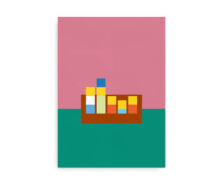 Minimalistisk plakat med farveblokke, der repræsenterer karaktererne fra The Simpsons i en abstrakt stil.