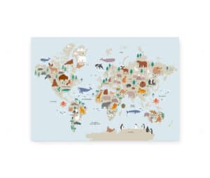 Verdenskort med dyr fra forskellige kontinenter på lyseblå baggrund.