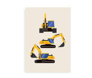 Plakat til børn med illustrationer af tre gule gravemaskiner set fra forskellige vinkler på en beige baggrund.