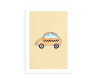 Plakat til børn med illustration af en gul taxa på en lys gul baggrund.