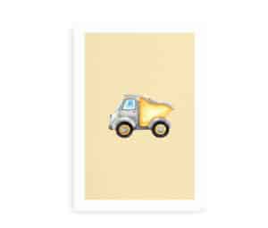 Plakat til børn med illustration af en gul lastbil på en lys beige baggrund.