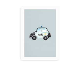 Plakat til børn med illustration af en sort og hvid politibil på en lyseblå baggrund.