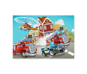 Farverig illustration af brandbiler, en politibil og en helikopter i aktion foran en byscene.