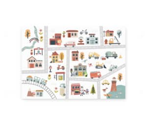 Plakat til børn med illustration af en byscene med veje, bygninger, køretøjer og natur på en hvid baggrund.