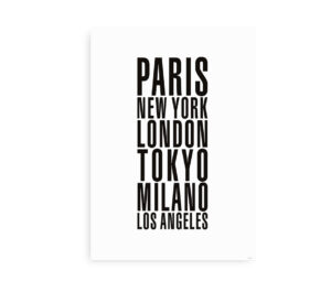 Plakat med bynavnene Paris, New York, London, Tokyo, Milano og Los Angeles skrevet i sort blokskrift på en hvid baggrund.