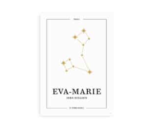 Personlig stjernebilledplakat med fiskens gyldne konstellation og mulighed for at indsætte navn og fødselsdato.