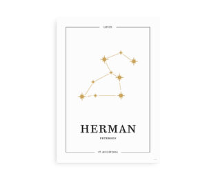 Personlig stjernebilledplakat med løvens gyldne konstellation og mulighed for at indsætte navn og fødselsdato.