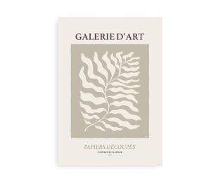 Kunstplakat med teksten "Papiers Decoupes No1" og et stiliseret bladmotiv i beige og hvid, inspireret af Henri Matisse.