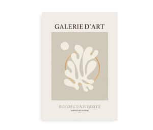 Kunstplakat med abstrakt motiv inspireret af Henri Matisse, teksten "Galerie d'Art" og "Rue de l'Université".