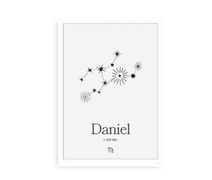 Minimalistisk plakat med stjernebilledet for jomfruen og mulighed for at tilføje navn og fødselsdato.