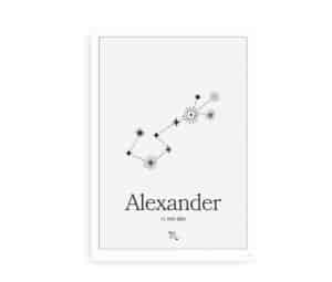 Minimalistisk plakat med stjernebilledet for skorpionen og mulighed for at tilføje navn og fødselsdato.