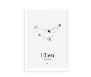 Minimalistisk plakat med stjernebilledet for stenbukken og mulighed for at tilføje navn og fødselsdato.