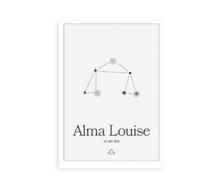 Minimalistisk plakat med stjernebilledet for vægten og mulighed for at tilføje navn og fødselsdato.