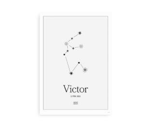Personlig plakat med stjernebilledet for vandmanden med navn og fødselsdato, på en hvid baggrund.