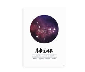 Navneplakat med stjernetegn Fisken, navn, fødselsdato, klokkeslæt og fødeby, designet med stjernehimmel og konstellationsmønster.