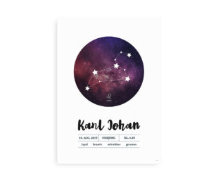 Navneplakat med stjernetegn Løven, navn, fødselsdato, klokkeslæt og fødeby, designet med stjernehimmel og konstellationsmønster.