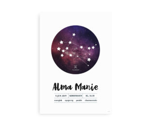 Navneplakat med stjernetegn Tvillingerne, navn, fødselsdato, klokkeslæt og fødeby, designet med stjernehimmel og konstellationsmønster.