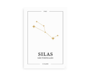 Personlig stjernebilledplakat med tyrens gyldne konstellation og mulighed for at indsætte navn og fødselsdato.