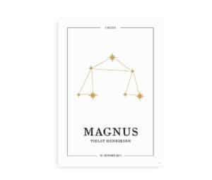 Personlig stjernebilledplakat med Vægtens gyldne konstellation og mulighed for at tilføje navn og fødselsdato.