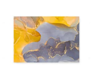 Abstrakt plakat med gule og gråblå nuancer samt gyldne detaljer i et flydende design.