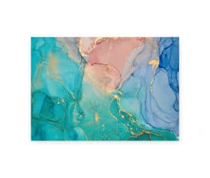 Abstrakt plakat med turkise, lyserøde og blå toner samt gyldne detaljer i et flydende mønster.