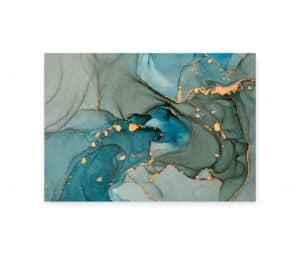 Abstrakt plakat med blå og grålige toner samt gyldne detaljer i et organisk, flydende design.