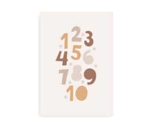 Plakat med tallene 1 til 10 i jordfarver og forskellige mønstre på en lys beige baggrund.