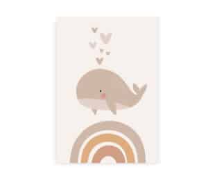Plakat med en sød hval over en regnbue og små hjerter i bløde beige nuancer.
