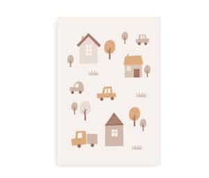 Plakat med illustrationer af huse, biler, træer og græs i bløde beige og brune nuancer.
