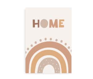 Plakat med teksten "Home" og et minimalistisk regnbuemotiv i jordfarver.