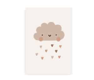 Plakat med en sød sky, der smiler og regner hjerter i jordfarver.