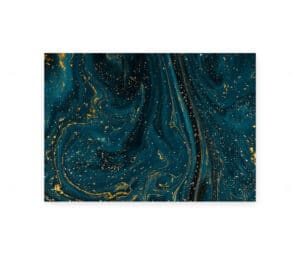 Abstrakt plakat med dyb blå baggrund og gyldne marmorerede detaljer.