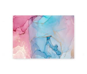 Abstrakt plakat med rosa og blå nuancer i flydende mønster med gyldne detaljer.